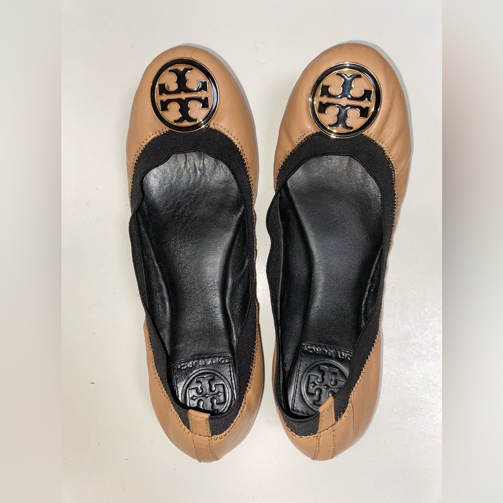 Tory Burch Tan Leather Ballet Flats With Logo Sz Women’s 7.5 M - Picture 11 of 11